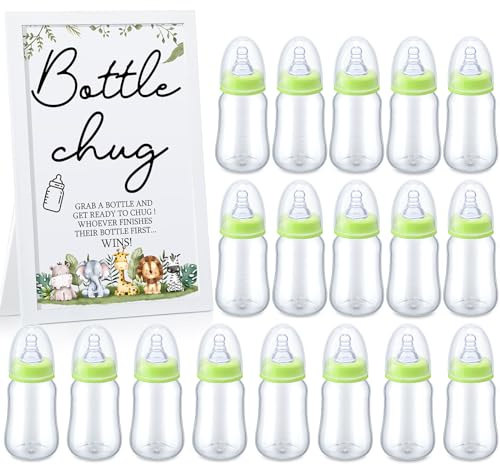 Roowest Bottle Chug Baby Shower Game Favors Including Safari Animals Theme Wooden Sign and 18 Pcs Baby Bottles for Gender Reveal Party Supplies