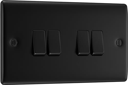 BG Electrical Quadruple Wall Light Switch, 2 Way, Raised and Slim Profile, Round Edges, Nexus Metal, Matt Black, 20A, 16AX, NFB44