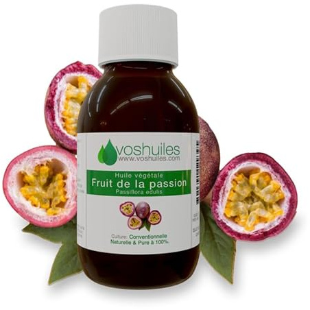 VOSHUILES - Huile Végétale de Fruit de la Passion 60ml - Obtenue par Pression à Froid - Riche en Acides Gras et en Vitamine F - Ingrédient de Mélange pour la Peau et Cheveux Abîmés