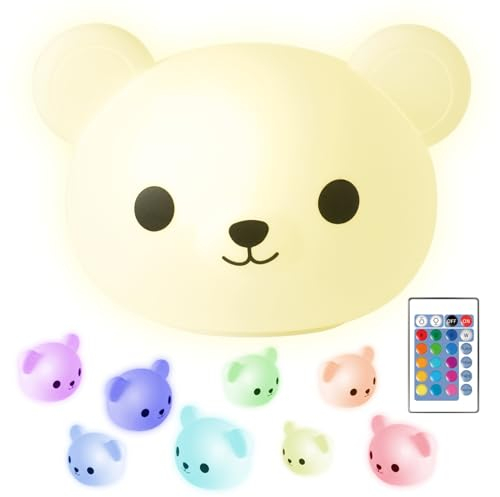 Madrigal Lampada Orsetto - Luce Notturna Bambini - Cameretta - Ricaricabile USB-C con Telecomando - Multicolore e Luce Calda - Soffice Silcone - Timer luci Arcobaleno (Orsetto)