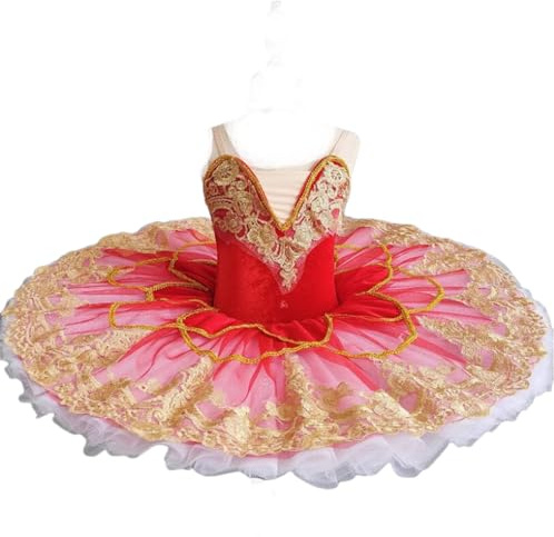 OTMYIGO Tutu di Balletto Professionale per Ragazze, Piatto da Pancake, Tutu, Ballerina, Vestito da Festa, Costume da Competizione per Balletto per Bambini,Rosso,120