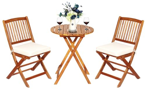 COSTWAY Set Tavolino e Sedie da Girdino Pieghevole, Set da Bistro 3 Pezzi in Legno di Acacia, con Cuscino, Set di Mobili da Esterno, Tavolino Portato 80kg, Sedie Portate 160kg (Cuscino Bianco)