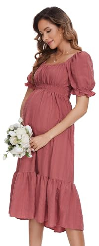 KOJOOIN Damen Umstandskleid Kurzarm Schwangerschaftskleid Midi Hohe Taille Stillkleid Mit Rüschen Ziegelrot(Kurzarm) S