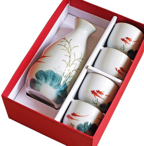 Ensemble de saké à l'eau de Jeu de Poisson Rouge Japonais - 5 Ensembles de saké avec Emballage en Porcelaine céramique Tasse en céramique Traditionnelle Artisanat Verre à vin
