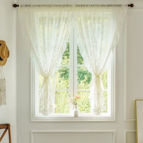 TUDECO Short Lace Curtains 45 Inch Length - Vintage Sheer Floral Ruffle Lace Kitchen Curtains for Window Privacy Rod Pocket Light Filtering Nursery Bathroom Decor, 59 W x 45 L (Pack of 2), Ivory
