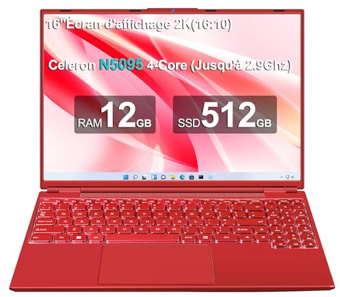NOTODD Computer Portatile 16 pollici, 4 core Celeron N5095 (fino a 2,9 GHz) 12+512GB SSD Supporto Estensione 1TB,PC Portatile Gamer Win11 con 5G WiFi 1920x1200 BT4.2 AZERTY Tastiera Copertina-Rosso