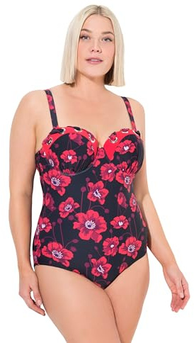 Ulla Popken Bañador, Flores, Copas con Aros, Material Reciclado Negro 54 835896100-54