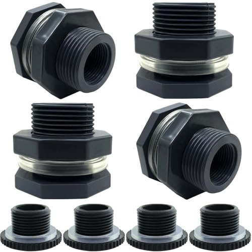 YSIL NPT PVC-Schottverschraubung, 1,27 cm, Wassertank-Anschluss, Rohrverschraubung OD 38 mm, mit Stopfen für Wassertanks, Regentonnen, Aquarien, Pools, 4 Stück