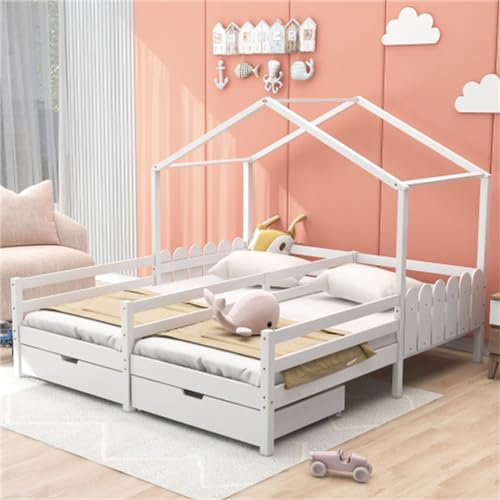 Vielseitiges Doppelbett In Hausform Mit Schubladen Und Lattenrosten Unter Dem Bett, Weißes Kinderbett Mit Sicherheitsgeländer, Geeignet Für Teenager- Und Kinderzimmer