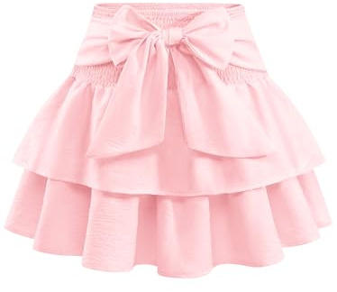 Timormode Women's Girls Cute Boho High Waist Ruffle Mini Skirt Bow Flowy Skater Skirts Lightweight Layered Short Skirt TMS8005 Pink L
