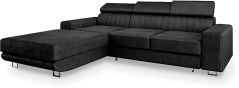 Masseno Ecksofa NOTO L-S mit Schlaffunktion L-Form, Sofa mit Bettkasten, Wohnzimmersofa, Couch, Soffa, Bettsofa, Couchgarnitur- Schwarz, Monolith 95