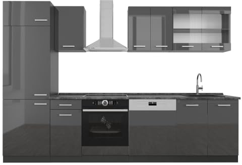 Vicco Küchenzeile R-Line, Anthrazit Hochglanz/Anthrazit, 300 cm | 8 Module · Höhenverstellbare Füße · AP Anthrazit inkl. · Robuste Fronten · Mit Kühlschrankumbauschrank