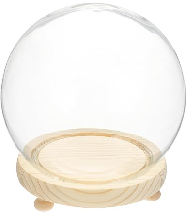 sourcing map Round Cloche Glass Dome, 6.7 x 4.7 Decorative Glass Display Bell Jar Dome Cloche with Wooden Base Foot Pad for DIY Flower Craft, Collectibles Specimens Plants Dustproof