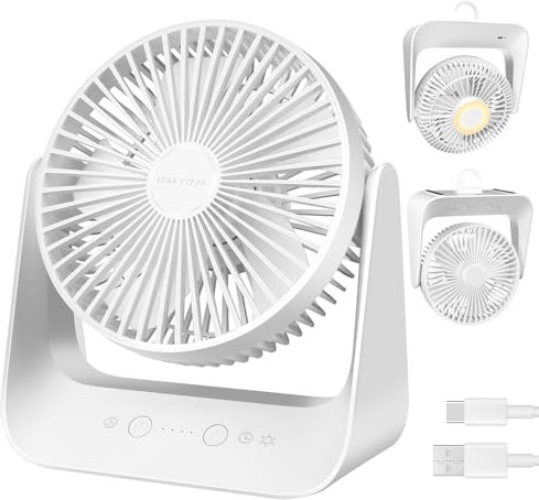HONEYYEAR Ventilador portátil LED para camping, batería de 40 h, ventilador USB, 5 velocidades, recargable con gancho para colgar para tiendas de campaña, coches, acampadas y emergencias.