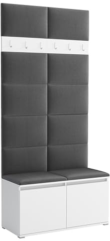 Brent - Garderobenschrank Flur Weiß mit sitzbank 100 cm Breit Luton 1 - Multifunktionale Flurgarderobe Set mit Stauraum und Wandpaneel, Garderobe mit Sitzfläche und Kleiderhaken