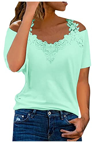 Camiseta Mujer Manga Corta Encaje Moda Camisa un Hombro Verano Suelto Cuello en V Túnica Tops Sexy Casual Fiesta T-Shirt Blusa Elegante Original Basic tee Camisetas Talla Grande