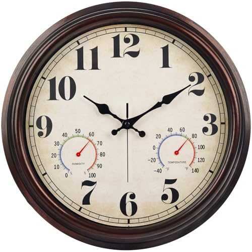 JENLYSTIME 16 Inch Dark Brown Vintage Wall Clock with Thermometer & Hygrometer - Waterproof Decorative Indoor/Outdoor Clock with Large Numerals & Silent Sweep Movement - Ideal for Porch, Garden, Pool