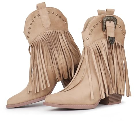 Hawkwell Botines de vaquero con flecos para mujer, caqui, 40 EU