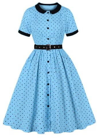 Wellwits Women's Pleated Detail Button Down Polka Dots Vintage Tea Dress Blue M