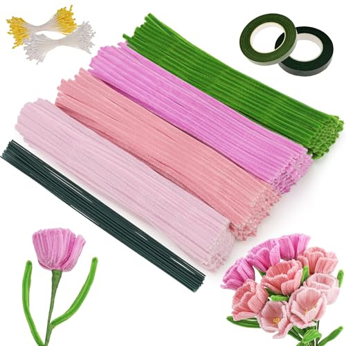 Yatinkim 260 Stück Pfeifenreiniger Blumen Set Tulpe Blumenstrauß Pfeifenputzer zum Basteln Pastellfarben mit 30 Grün Blumendraht Klebeband 4 Farben DIY Handwerk Dekorationen Rosa