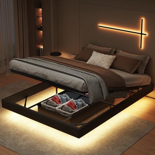 LKPOMI Bett 160x200 mit Stauraum, Doppelbett Bettgestell mit LED Beleuchtung, Bett Ohne Kopfteil Schwebebett Bettrahmen mit Lattenrost, Ohne Matratze (Schwarz, 160 x 200 cm)