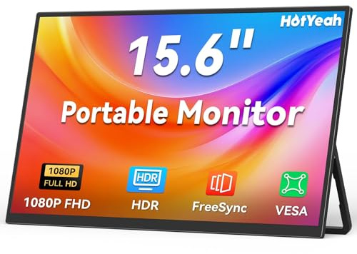 HotYeah Bärbar bildskärm, 15,6 tum, 1080p, FHD USB-C HDMI extern HDR FreeSync IPS-skärm med stativ och högtalare, 2:a skärm för bärbar dator, PC, Mac, telefon