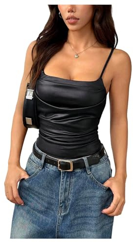 MakeMeChic Women's PU Leather Draped Camisole Spaghetti Strap Sleeveless Cami Top Black Small
