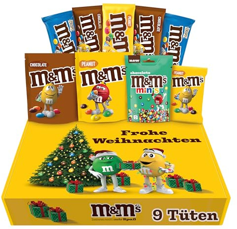 M&M'S Frohe Weihnachten Snack Mix I Peanut, Crispy, Schokolade, Chocolate Minis I 4 Sorten I 9 Packungen I 724 g I Geschenkbox zu Weihnachten