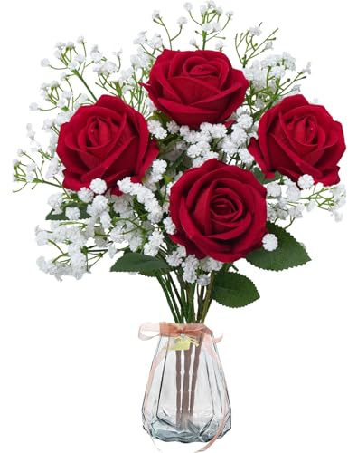 16 Stück blumenstrauß künstlich, 30cm, mit 4 künstliche rosen 12 Schleierkraut Künstliche, Künstliche Blumen Rot, Seidenblumen, Rosen Künstlich wie echt für Heimdeko Valentinstag Muttertag Hochzeit