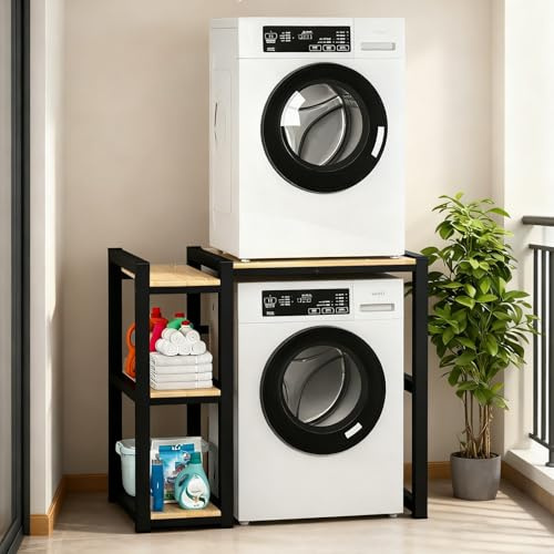 Estante de Almacenamiento para Gabinete de Lavadora, Mueble para Lavadora Altura Ajustable con Marco Lateral, Ajustable en Altura de 3 Niveles, Capacidad de 300 kg(Black)