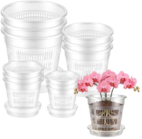 TAICHEUT 12 PCS Clear Orchid Pots, Plastic Plant Pots with Drainage Holes and Saucers, 11cm/14cm/16cm/19cm Nursery Pots for Repotting, Seed Starting