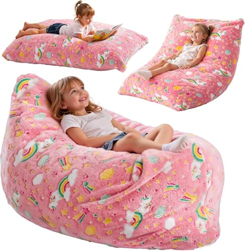 BRINJOY Kids Bean Bag Chair Bed, 3 in 1 Memory Foam Filled Bean Bag Sofa with Removable Cover for Playroom Daycare Bedroom, Toddlers Lazy Floor Mattress Lounger for Boys Girls, Glowing Dinosaur
