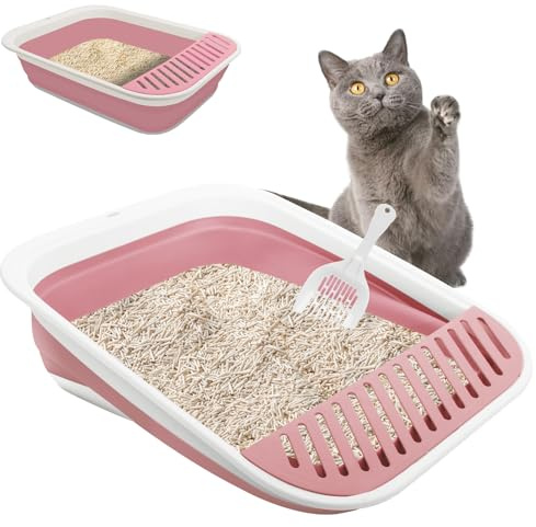 Rosa Katzenklo Flacher Einstieg, faltbar Katzentoilette Niedrig Einstieg | Groß, ideal für ältere Katzen bei Arthritis& eingeschränkter Mobilität, nach Kastration & OP, niedriger Einstieg, wasserdicht