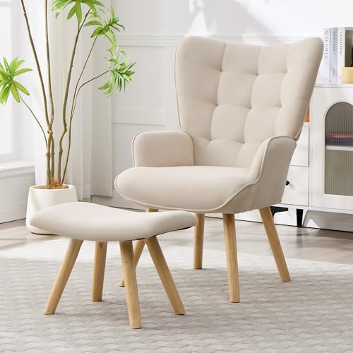 EBELLO Ohrensessel mit Hocker Sessel Wohnzimmer Loungesessel mit Cord-Stoff, Modern Relaxsessel, Armlehnensessel Lesesessel für Wohnzimmer, Schlafzimmer, Beige