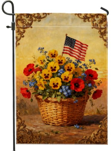 Bandera de jardín de pensamiento, bandera rústica vintage de arpillera de doble cara amarilla de verano para patio, césped, porche, balcón, 12 x 18 pulgadas