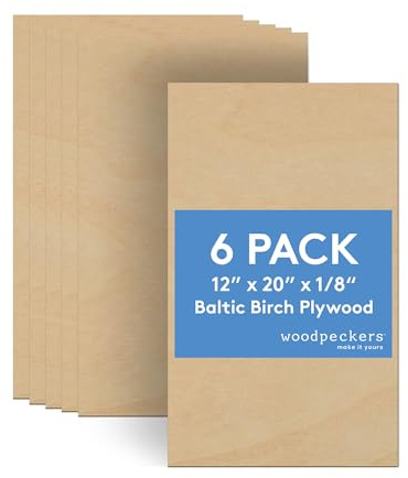 3 mm Baltic Birch Plywood 1/8 x 12 x 20 Inch, Box of 6 B/BB Grade Craft Wood, Stronger Than Basswood Sheets, for Laser, CNC Cutting and Wood Burning, by Woodpeckers