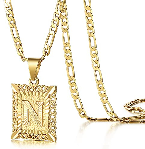 KissYan Initial Letter Pendant Necklace for Men Women, 14K Gold Plated Square Capital Monogram Necklace Alphabets from A-Z Figaro Chain Jewelry (Gold, N)