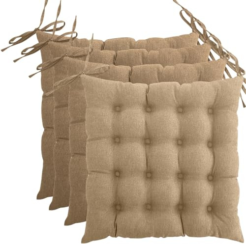 wometo 4er Set Sitzkissen 40x40 Oeko-TEX mit Bändern/Schleifen beige | gesteppte Sitzpolster / Stuhlkissen mit Steppung für Indoor und Outdoor, drinnen und draußen nutzbar, im praktischen 4er Pack