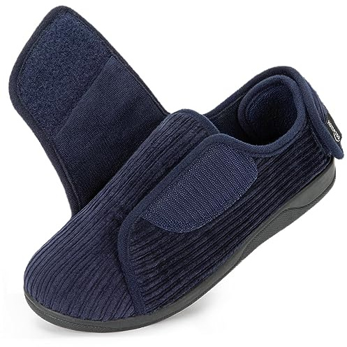 HomeTop Women's Corduroy Slippers Comfy Adjustable Hook and Loop Memory Foam Indoor Closed-back House Shoes for Diabetic Swollen Feet Navy, 6 UK