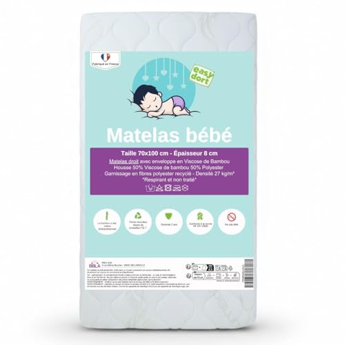 Easy Dort Matelas bébé 70x100 cm | Berceau ou lit bébé | Épaisseur 8 cm | Fabriqué en France | Été & Hiver | Double Face | Très Confortable | Housse en Bambou | Blanc