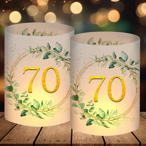 12 Windlicht Tischdeko, Eukalyptus Deko 70. Geburtstag Frau Mann, Geschenke zum 70 Geburtstag, 70 Jahre Happy Birthday Tischdeko Grün, Geeignet für Teelichter oder Kerzen