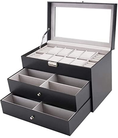 BOGAZY Uhrenbox uhrenschachtel Uhren-Display-Aufbewahrungs-Organizer, Transparente Oberseite, Schwarzes PU-Leder, 3 Schichten, Brillenbox, Uhrenhalter, Ringetui Uhren Aufbewahrungsbox