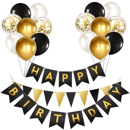 Luftballons Geburtstag Dekoration Set, Schwarz Gold Geburtstagsdeko Happy Birthday deko Banner Party Deko Geburtstag Set mit 16pcs Luftballons Konfetti Ballons Dreiecksflaggen Girlanden（BK&GD+SJQ)
