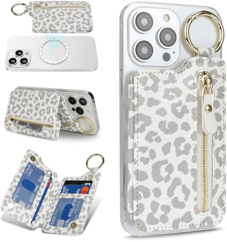 Ｈａｖａｙａ für Magsafe Wallet mit Kartenhalter Schlüsselring mit Reißverschluss iPhone 16/15/14/13/12/Pro/Max/Plus/Serie für Magsafe Ring-Weißer Leopardenprint