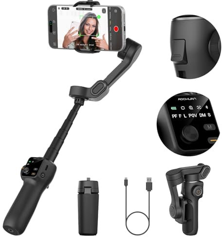 AOCHUAN 3-axis Gimbal Stabilizer w/Built-in 7.8' Extension Rod, Vlogging Phone Gimbal w/AI Tracking, Portable Smartphone Gimbal for iPhone w/Full-Screen OLED Display, Trigger Button Smart V8(Black)