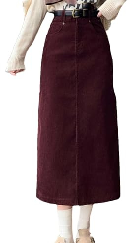 Jupes longues d'hiver vintage taille haute pour femme élégante bureau solide en velours côtelé jupe crayon avec ceinture, bordeaux, XL