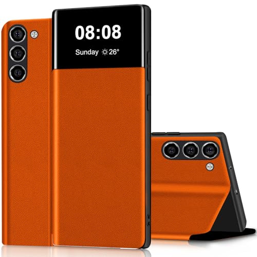 Wallet Case für Samsung Galaxy S23 Hülle Clear View Handyhülle für Samsung S23 Klapphülle Flip Cover mit Ständer Stoßfest Kratzfest Leder Schutzhülle Kartenfach Handytasche 5G/6.1 (Orange)