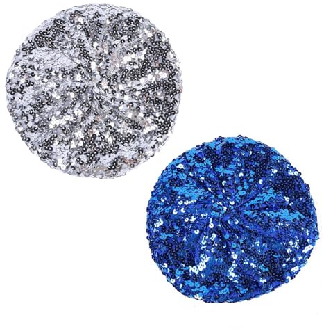 GWAWG 2 Pcs Women Sparkly Sequins Beret Hat, Flash Sequined Headdress Shining Beanie Cap Dancing Hat for Girls Festival Party Club, Fun Costume Stretch Mermaid Dancing Cap, One Size (Blue, Silver)