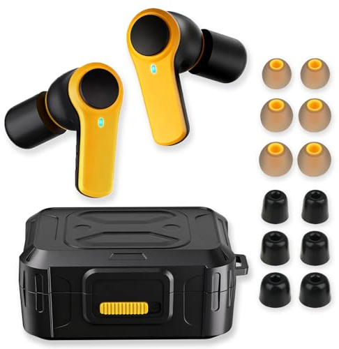 ToolFun Bluetooth 6.0 Jobsite Earbuds, Heavy Duty True Wireless Ear Buds | 70H Playtime, IP56 Waterproof, 30dB SNR Noise Cancelling, ENC, Construction with 12pcs Earplugs