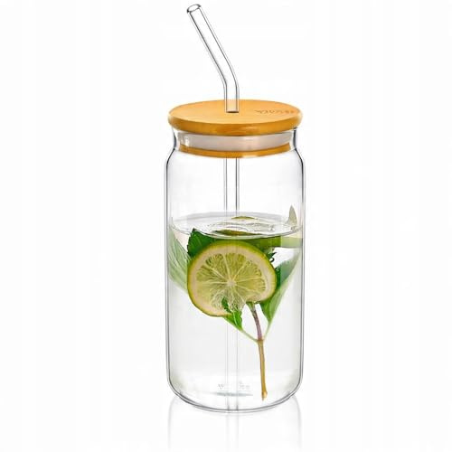 Wilmax - Gobelet en verre - Bouteille d'eau pour limonade avec couvercle en bambou et paille, 500 ml - Récipient en verre de haute qualité - Design moderne